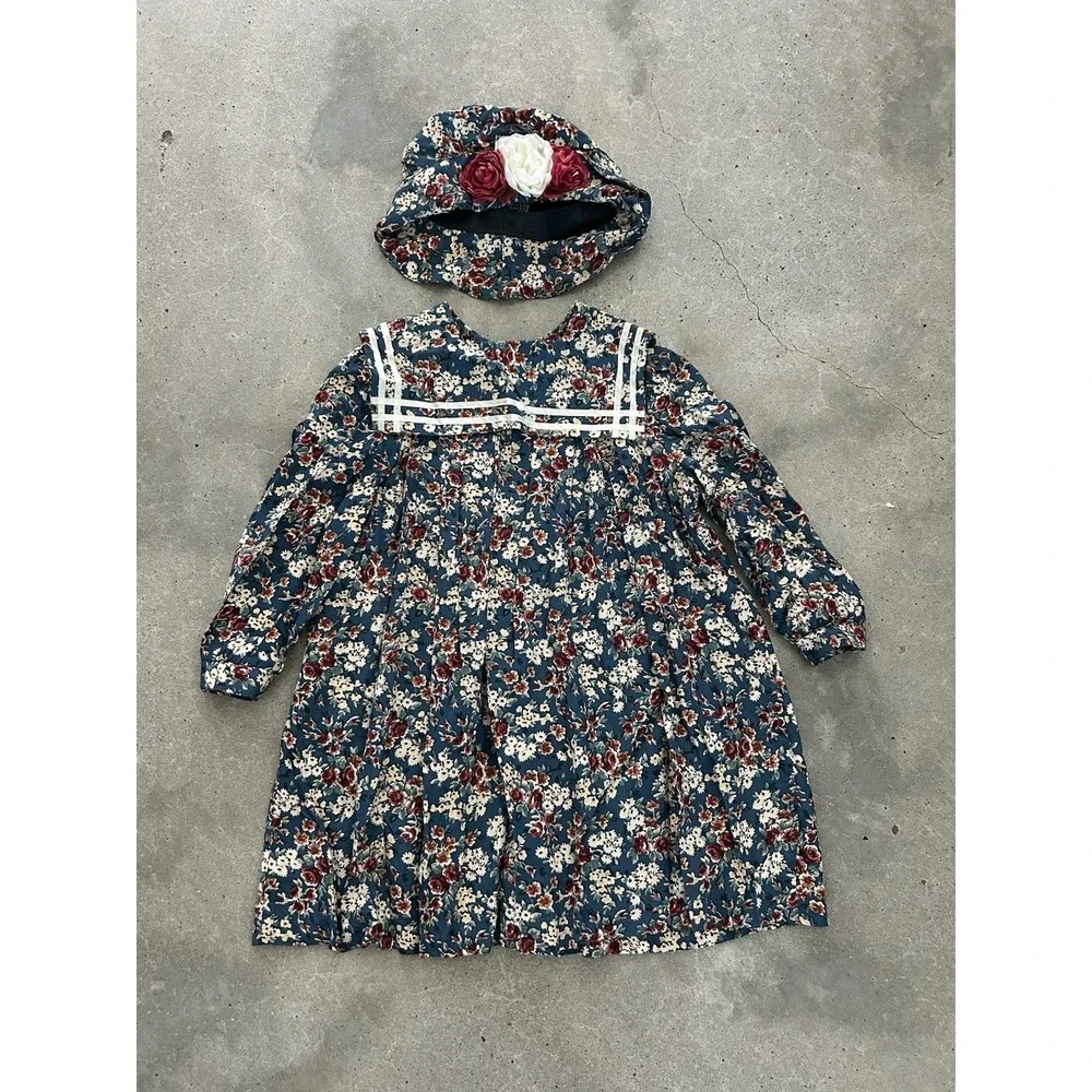 VINTAGE COTTAGECORE FLORAL BIB COLLAR DRESS & HAT SZ L Kids By La Belle‎
